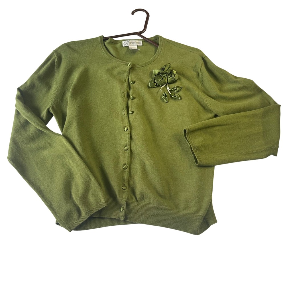 Dressbarn Olive Green Cardigan XL Floral Rosette Applique Button Front Sweater